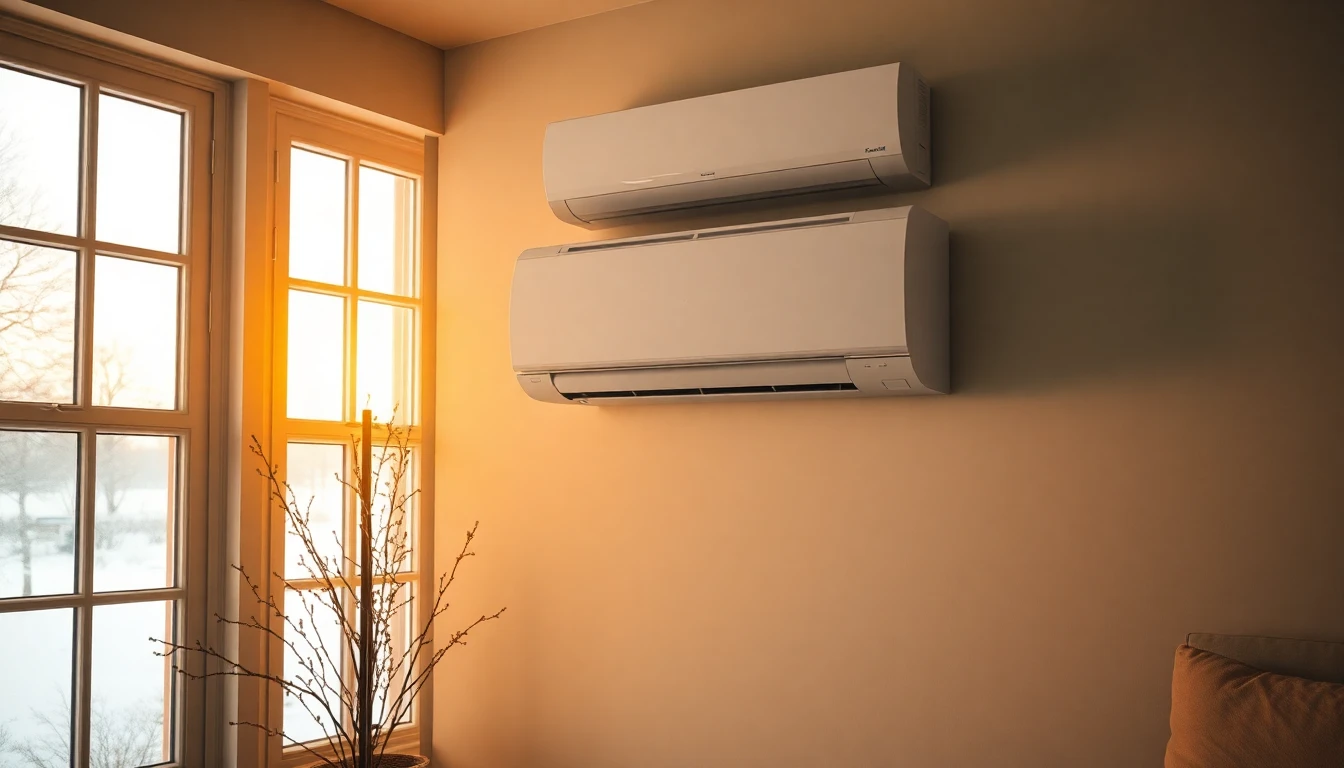 Airco-binnenunit die een woonkamer verwarmt