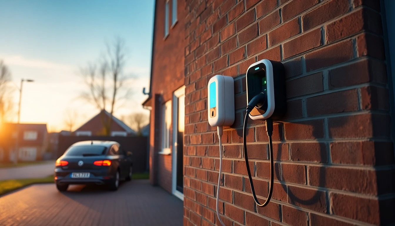 Thuislaadpaal aan bakstenen muur met laadkabel naar geparkeerde elektrische auto